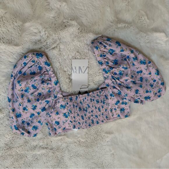 NWT Zara light purple with blue floral print cropped milkmaid busteir top - Picture 6 of 7